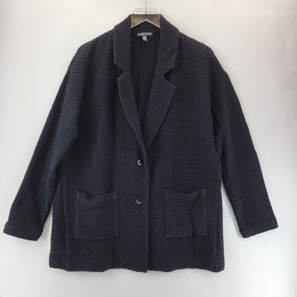Eileen Fisher Lattice Cotton Tencel Stretch Jacket Womens Small Black‎ Oversized